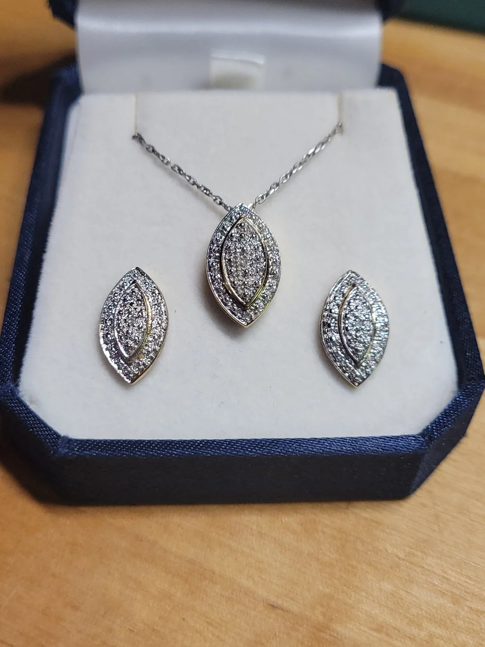 Sterling Silver Pavé Marquise  Pendant Necklace & Stud Earrings Set - Silver